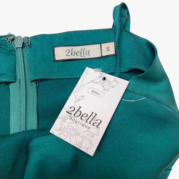 NWT 2BELLA "Sausalito" Satin Asymmetric Wrap Slit Midi Dress (Emerald | Size S) - Picture 7 of 9